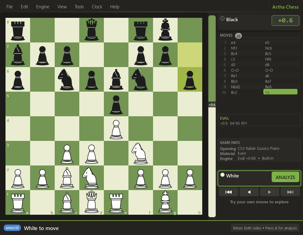 Artha Chess showing a Giuoco Piano position with the move list, evaluation and opening name